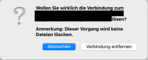 Das Fenster zeigt eine Sicherheitsabfrage mit der Frage, ob die Verbindung zum angegebenen Konto wirklich gelöst werden soll. Es wird darauf hingewiesen, dass dieser Vorgang keine Dateien löscht. Unten stehen zwei Schaltflächen: „Abbrechen“ und „Verbindung entfernen“.
