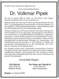 Traueranzeige für Univ.-Prof. Dr. Volkmar Pipek