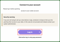 Die Seite zeigt die Überschrift „Connect to your account“ mit einem Hinweisfeld „Security warning“, das erklärt, dass man nur fortfahren soll, wenn man ein neues Gerät einrichtet. Darunter befindet sich ein violetter Button „Log in“.