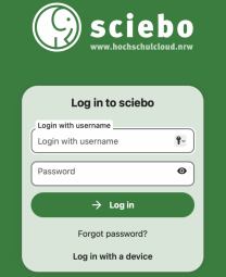 Der Screenshot zeigt die grüne Login-Seite von sciebo mit dem Elefantenlogo. Es gibt Eingabefelder für Benutzername und Passwort, darunter den Button „Log in“ sowie die Links „Forgot password?“ und „Log in with a device“.