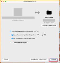 Das Fenster trägt die Überschrift „Add Sciebo account“. Es zeigt die Verbindung zwischen dem Server (uni-siegen.sciebo.de) und einem lokalen Ordner mit 57 GB freiem Speicherplatz. Der Benutzer kann wählen, ob alle Daten synchronisiert oder bestimmte Ordner ausgewählt werden sollen. Unten rechts ist der Button „Connect“ markiert.