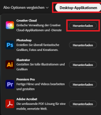 Adobe Startseite mit Drop-down Menü für Desktop Applikationen und Markiertem "Herunterladen" Button für Creative Cloud