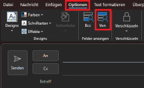 Screenshot Outlook mit Markierungen am Reiter "Optionen" und dem Button "Von"