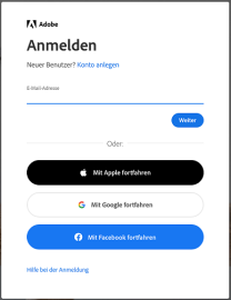 Adobe Anmeldeseite mit Feld für E-Mail