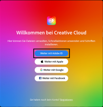 Creative Cloud Anmeldung mit markiertem "Weiter mit Adobe ID" Button