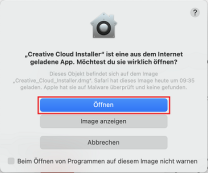 MacOs Meldung zum Creative Cloud Installer mit markiertem "Öffnen" Button
