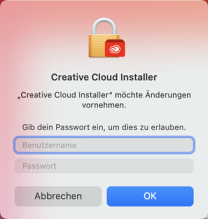 Mac Abfrage zur Installation mit Eingabefel für Benutzername und Gerätekennwort