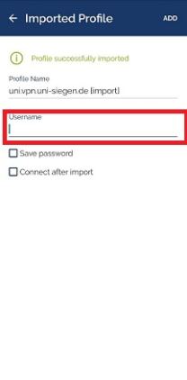 Screenshot derOPenVPN Connect App mit markiertem Feld zur Eingabe der Nutzerkennung