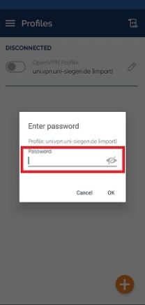Screenshot der OPenVPN Connect App mit markiertem Feld für Passwort