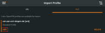Screenshot der OpenVPN Connect App mit markiertem "Add" Button unter importiertem Profil