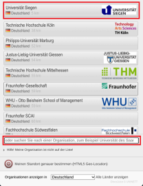 eduroam CAT Institutsauswahl mit markiertem Eintrag für die Universität Siegen