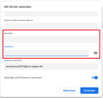 ChromeOS WLAN-Einstellungen mit markierten Eingabefeldern für Identität und Passwort; Details in der Beschreibung
