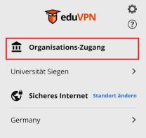 eduVPN App mit markierter Option "Organisations-Zugang"