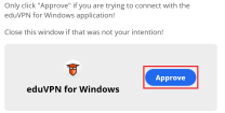 eduVPN Screen zur Genehmigung der Verbindung mit markiertem "Approve" Butoon