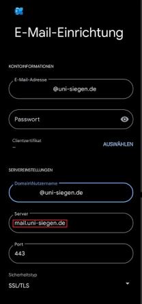 GMail E-Mail-Einrichtung mit Feld für Mailadresse, Passwort, Nutzerkennung und Server
