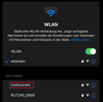 iOS WLAN Einstellungen mit markierter Option "institutsnetz"