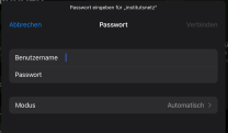 Einstellungen für institutsnetz mit Feld für Benutzername und Passwort; Details in der Beschreibung