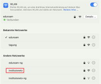 MacOS WLAN Einstellungen mit markierter Option "institutsnetz"
