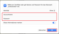 WLAN Einstellungen für institutsnetz mit Feld für Benutzerkennung und Passwort; Details in der Beschreibung