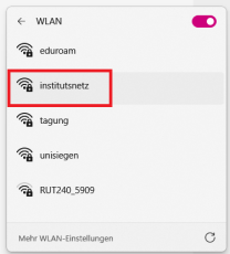 Windows WLAN Einstellungen mit markiertem Netzwerk "institutsnetz"