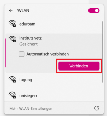 Windows WLAN Einstellungen mit markiertem "Verbinden" Button neben dem Netzwerk "institutsnetz"