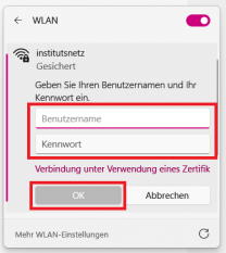 Windows WLAN Einstellungen für institutsnetz mit Feld für Nutzerkennung und Passwort; Details in der Beschreibung