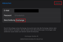 Apple Mail Einrichtung mit Feld für (hier ausgeschwärzter) Mailadresse und zugehörigem Passwort, sowie markiertem Button "Weiter"