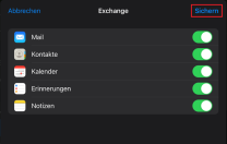 Exchange Einstellungen mit auswählbaren Optionen für die Synchronisation: Mail, Kontakte, Kalender, Erinnerungen und Notizen