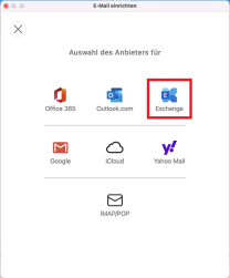 Outlook E-Mail-Einrichtung Anbieterübersicht mit markierter Option "Exchange"