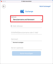 Outlook Konten-Einrichtung mit Feldern zur Eingabe von Mailadresse, Passwort, Benutzername inkl. Domäne und Server mit markierter Methode "Benutzername und Kennwort"