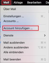 Apple Mail Drop-down Menü "Mail" mit markierter Option für "Account hinzufügen..."