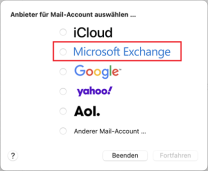 Apple Mail Anbieterauswahl mit markierter Option "Microsoft Exchange"