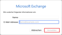 Microsoft Exchange Einstellungen mit Feld zur Eingabe der E-Mail-Adresse und markiertem "Anmelden" Button
