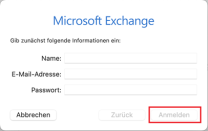 Microsoft Exchange Einstellungen mit Feldern zur Eingabe von Name, Mailadresse und Passwort mit markiertem "Anmelden" Button