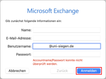 Microsoft Exchange Einstellungen mit Feldern für Name, Mailadresse, Benutzerkennung und Passwort mit markiertem "Anmelden" Button