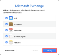 Microsoft Exchange Einstellungen mit auswählbaren Synchronisationsoptionen für Mail, Kontakte, Kalender, Erinnerungen und Notizen mit markiertem "Fertig" Button