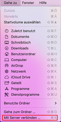 MacOS Drop-down Menü "Gehe zu" mit markierter Option "Mit Server verbinden..."