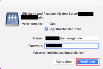 MacOS Serveranmeldung mit Feld für Nutzerkennung@uni-siegen.de und Passwort