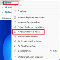 Windows Explorer Drop-down Menü für "Dieser PC" mit markierter Option "Netzlaufwerk verbinden..."