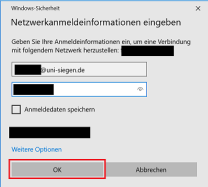 Windows Anmeldung für NAS-Laufwerk mit Feld für Nutzerkennung@uni-siegen.de und Passwort