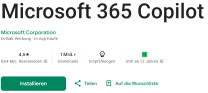 Google Play Store mit Eintrag für Microsoft 365 Copilot App und "Installieren" Button