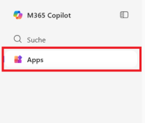 MS 365 Copilot Seitenmenü mit markierter Option "Apps"