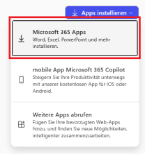 Drop-down Menü für Apps installieren mit markierter Option "Microsoft 365 Apps"