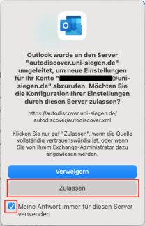 Outlook Serverabfrage mit markiertem Haken neben "Meine antwort für immer für diesen Server verwenden" und markiertem "Zulassen" Button