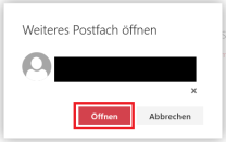OWA Feld zum Hinzufügen des gewählten Postfachs mit Mailadresse des Postfachs und markiertem "Öffnen" Button