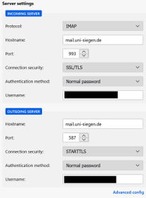 Thunderbird Server-Einstellungen mit Einstellungen für Eingangs- und Ausgansserver