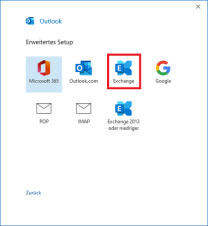 Outlook E-Mail-Einrichtung Anbieterübersicht mit markierter Option "Exchange"