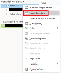 Kalenderansicht mit drop-down Menü und markierter Option "Neuer Kalender"
