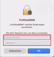 MacOS Gerätepasswortabfrage zur Installation mit markiertem Feld für Computerbenutzer und Gerätepasswort