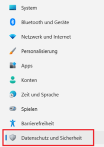 Windows Einstellungen mit markiertem Menüpunkt "Datenschutz und Sicherheit"